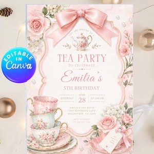 Puede incluir: Una tarjeta de invitación rectangular con un lazo rosa en la parte superior, ilustraciones florales y una pila de tres tazas de té. El texto dice: Tea Party to celebrate Emilia's 5th Birthday, Saturday June 28 at 2:00 PM, 1234 Blooming Lane, Belleview, CA.