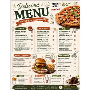 May include: A restaurant menu titled Delicious Menu with the text Made with Passion and Good Food, Good Mood. It lists categories including Starters, Fresh Salads, Pizzas, Burgers & Sandwiches, Pasta & More, Sides, Beverages, and Desserts with prices.