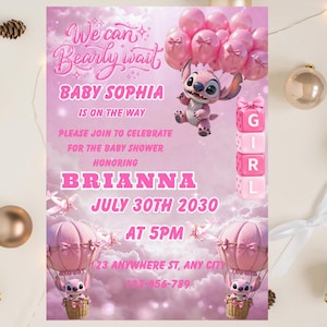 May include: Pink baby shower invitation featuring the text "We can bearly wait" and "Baby Sophia is on the way". The invitation includes a cartoon character holding balloons, the name Brianna, and the date July 30th, 2030.