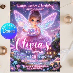 Fairy Birthday Invitation neon glow Garden Theme (Editable Canva Template, Digital Download) Ultra Magical Cinematic Fairy Theme