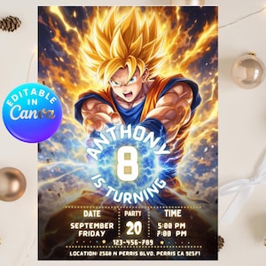 May include: A vibrant birthday invitation featuring a dynamic illustration of a character with spiky yellow hair, surrounded by energy. The invitation includes the text "ANTHONY 8 IS TURNING" and event details: date, party, and time.