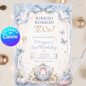 May include: A rectangular birthday invitation card featuring a blue watercolor theme with a carriage, a pumpkin, a glass slipper, birds, and butterflies. The text reads Bibbidi Bobbidi Two! Join us to celebrate Morgan's 2nd Birthday, Sat 25 Oct, The Castle 123 Anye St, 2 PM.