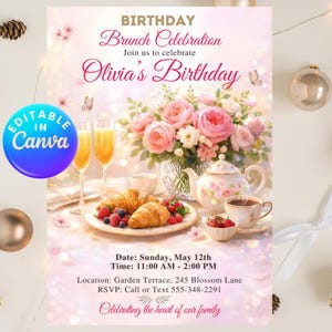 Birthday Brunch Invitation, Pancake Flyer Pink Cupcake Girly Coquette Editable Invite, Champagne Party any age 20th 21th 30th 40th 50th 60th
