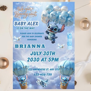 May include: A baby shower invitation featuring the character Stitch holding balloons. The invitation is blue and white with text that reads "Baby Alex is on the way" and details for the event, including the date, time, and location.