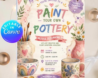Paint Your Own Pottery Birthday Invitation, Ceramic Painting Party Personalized Invite (Digital Download)