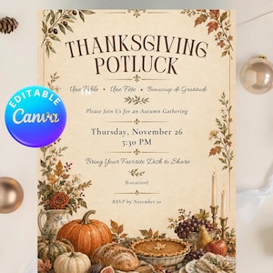 Editable Thanksgiving Potluck Invitation, Thanksgiving Dinner Party Invite, Canva Digital Download