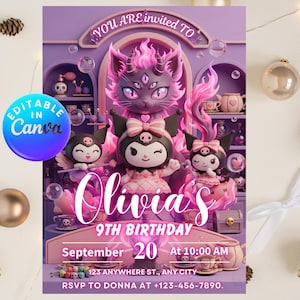 May include: A purple birthday invitation featuring cartoon characters and the text "Olivia's 9th Birthday". The invitation includes the date, time, and RSVP information. The words "Editable in Canva" are also present.