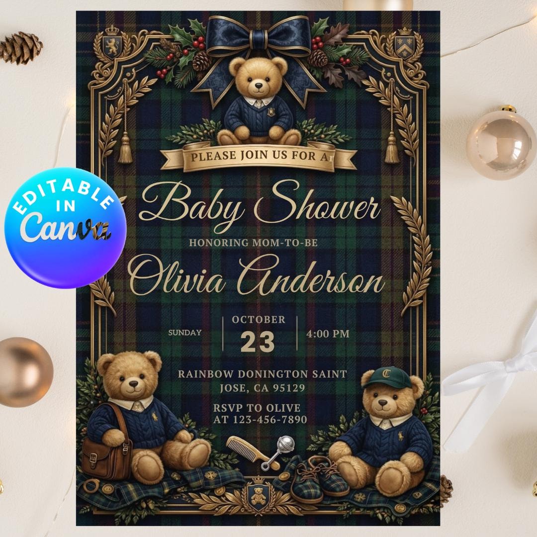 Luxury Polo Teddy Bear Baby Shower Invitation Boy Girl, Gender Neutral ...