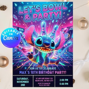 Könnte beinhalten: Eine farbenfrohe Einladung zu einer Bowling-Geburtstagsfeier. Das Design zeigt eine Cartoonfigur, umgeben von Bowlingkegeln und Neonlichtern. Der Text lautet "LET'S BOWL & PARTY!" und enthält Party-Details wie Datum, Uhrzeit und Ort.