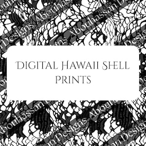 Puede incluir: Texto 'DIGITAL HAWAII SHELL PRINTS' sobre un fondo rectangular blanco, sobre un patrón abstracto en blanco y negro. El patrón se asemeja a una red de formas interconectadas.