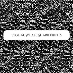 May include: Black and white digital print featuring a pattern of small white dots and elongated shapes against a black background. The text "DIGITAL WHALE SHARK PRINTS" is displayed in a white rectangular banner.