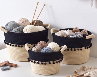Boho Woven Storage Basket with Pom Pom Trim, Nursery Toy Organizer, Home Decor Gift