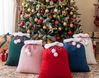 Christmas Drawstring Gift Bag with Pom Poms, Festive Holiday Gift Sack