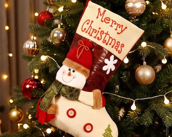 Calza di Natale decorativa con scritta "Merry Christmas", Babbo Natale, pupazzo di neve, alce, decorazione per albero di Natale, regalo