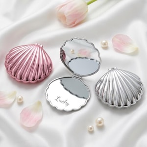Personalized Seashell Compact Mirror, Engraved Shell Mirror, Bridal Party Wedding Favor with Pouch