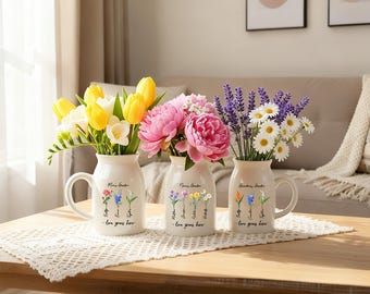 Personalized Mom Flower Vase, Birth Month Flower Vase with Names, Mother’s Day Gift from Kids, Custom Family Flower Vase