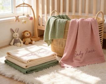 Custom Baby Blanket with Name, Personalized Knitted Cotton Blanket, Embroidered Baby Name Gift, Newborn Gift, Baby Shower Gift