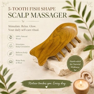 May include: A wooden, fish-shaped scalp massager with five teeth. The massager is made of natural wood and is designed to stimulate circulation and relieve tension. The text on the image says "Stimulate. Relax. Glow. Your daily self-care ritual."
