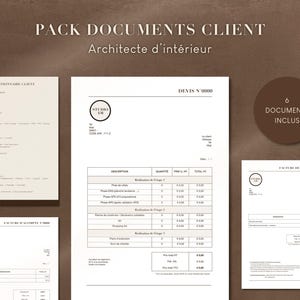 Peut inclure: Ensemble de documents de design d'intérieur, comprenant un questionnaire client, un devis et des factures. Les documents sont dans une palette de couleurs neutres avec du texte en français. L'image comprend le texte "PACK DOCUMENTS CLIENT" et "Architecte d'intérieur."