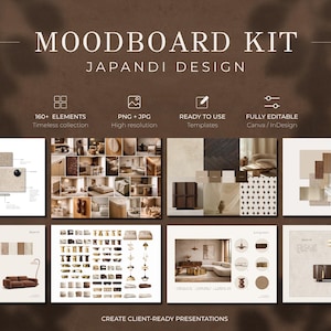 Peut inclure: Un kit de moodboard numérique sur le thème du design Japandi. L'image présente divers éléments de design, notamment des modèles, des fichiers PNG et JPG haute résolution et plus de 160 éléments. Le kit est entièrement modifiable dans Canva et InDesign.