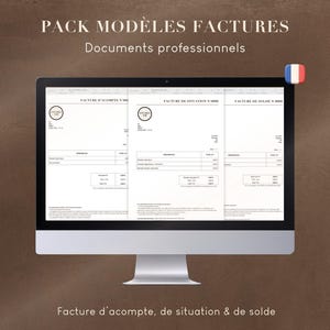 May include: A computer monitor displays three invoice templates. The text at the top reads "PACK MODÈLES FACTURES" and "Documents professionnels." The bottom text says "Facture d'acompte, de situation & de solde."