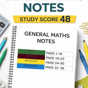 May include: A spiral-bound notebook with the title "GENERAL MATHS NOTES" and a "STUDY SCORE 48" banner. The notebook lists topics like Data, Finance, Matrices, and Networks with corresponding page numbers. Pens, paperclips, and a calculator are also visible.
