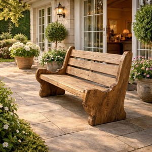 May include: A rustic wooden bench with a slatted back and curved armrests. The bench is made of light brown wood and sits on a stone patio. The bench is surrounded by potted plants and greenery, creating a natural outdoor seating area.