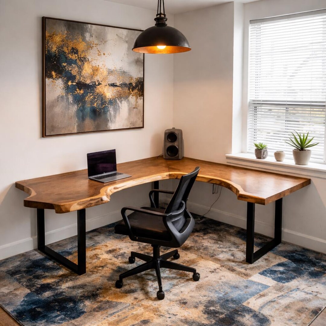 Live Edge L Shaped Desk Setup, Modern Home Office Decor, Wooden Corner ...