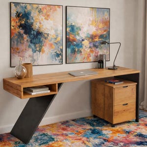 Modern Solid Wood Office Desk with Drawer Cabinet Rustic Industrial Writing Table Home Office Workstation Minimalist Study Table Furniture