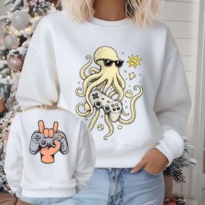 Cool Octopus Illustration Sweatshirt | Gamer Hand Controller Backprint | Octopus Shirt | Octopus Sweatshirt Gift | Unisex Funny Sweatshirt