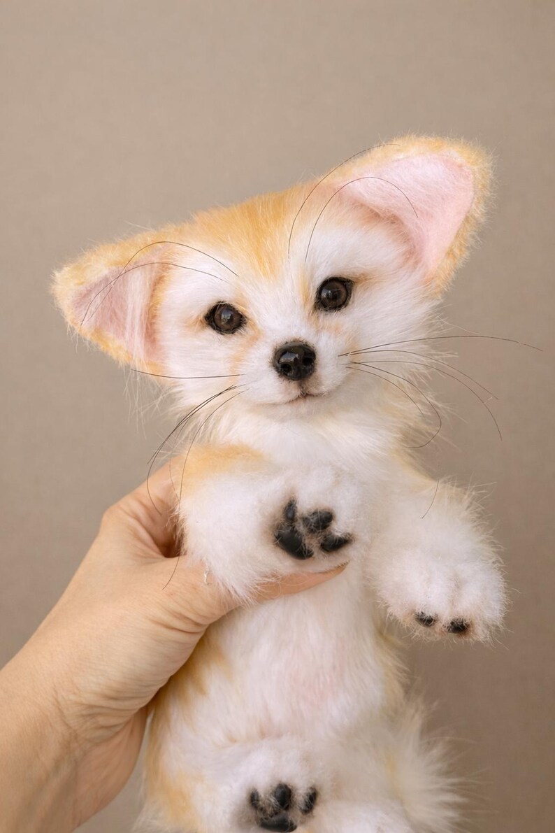May include: A plush Fennec fox with large ears, a white face, and a tan and white body. The fox has black paws and whiskers. The fox is being held by a person.