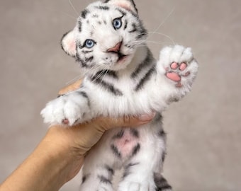 Realistic White Tiger Cub Plush Toy, Poseable Faux Fur Stuffed Animal, OOAK Wildlife Collectible