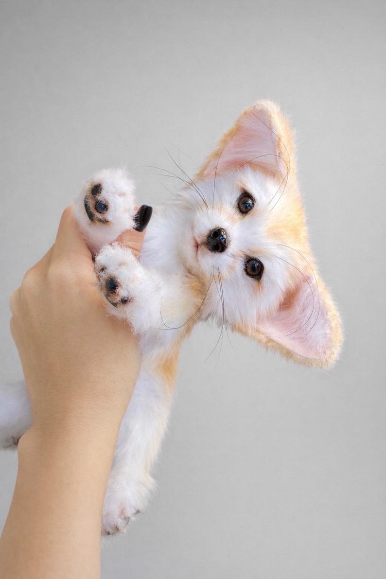 May include: A plush toy fennec fox with large ears and a white and tan coat. The fox is being held up by a hand, showcasing its small black paws and detailed facial features, including dark eyes and whiskers. The toy has a soft, fluffy appearance.
