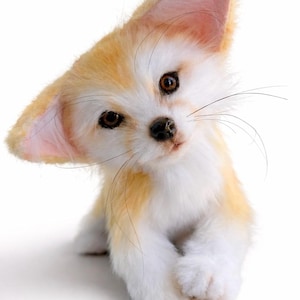 May include: A plush Fennec fox toy with large ears, brown eyes, and a white and tan coat. The fox is posed with its head tilted, giving it a curious expression. The toy is set against a white background.