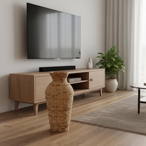 Handvävd rottingvas, bohemisk halmvävd dekorativ vas, stor rustik golvvas för pampasgräs heminredning