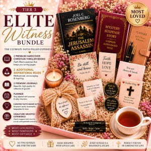 May include: An Elite Witness Bundle with books, journals, and inspirational cards. The box includes a hardcover novel, a planner, and a teacup. The theme is faith-based, with floral accents and the words "Faith, Hope, Love."
