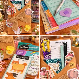 May include: A collection of stationery items, including notebooks, sticky notes, and bookmarks. The items are arranged in a brown paper envelope tied with a burlap bow. The image includes the text "Reading Log" and "My Awesome Week".
