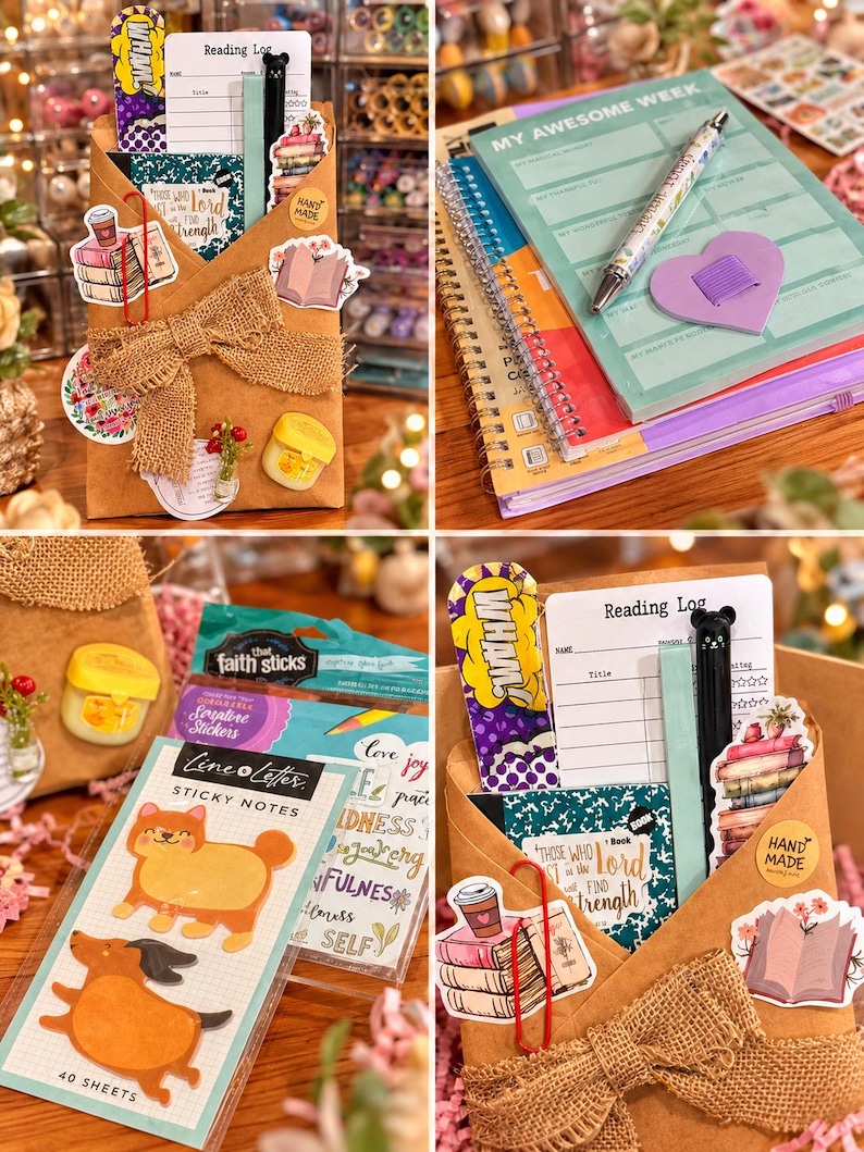 May include: A collection of stationery items, including notebooks, sticky notes, and bookmarks. The items are arranged in a brown paper envelope tied with a burlap bow. The image includes the text "Reading Log" and "My Awesome Week".