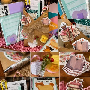 May include: A collection of stationery items, including notebooks, pens, stickers, and bookmarks. The items are decorated with floral and book-themed designs, and the text "be still and know" is visible on a pen. The items are arranged in a gift box.