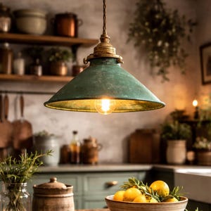 Vintage Brass Pendant Light – Rustic Farmhouse Hanging Lamp, Antique Brass Ceiling Fixture, Kitchen Island Lighting, Green Patina Shade
