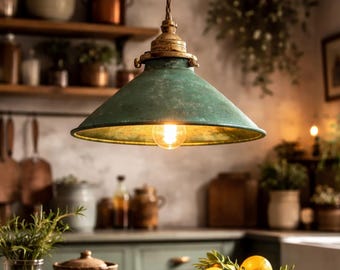 Vintage Brass Pendant Light – Rustic Farmhouse Hanging Lamp, Antique Brass Ceiling Fixture, Kitchen Island Lighting, Green Patina Shade