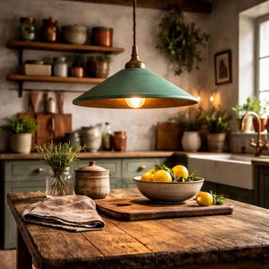 Puede incluir: Escena de cocina rústica con lámpara colgante verde sobre mesa de madera. Un cuenco con limones sobre tabla de cortar de madera. Estanterías con tarros y plantas, creando un ambiente cálido.