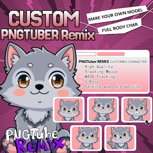 Puede incluir: Ilustración digital de un lobo de dibujos animados con el texto "CUSTOM PNGTUBER Remix". La imagen incluye una lista de características: Alta calidad, Seguimiento del ratón, Seguimiento WASD, 5 poses y Versión hablando e inactiva. Fondo rosa y morado.