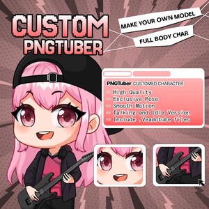 May include: A digital illustration promoting custom PNGTuber models. The image features a cartoon character with pink hair, a black cap, and a guitar. Text includes "CUSTOM PNGTUBER," "MAKE YOUR OWN MODEL," and details about the service, such as high quality and exclusive poses.