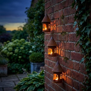 Pode incluir: Três lanternas de metal rústicas com telhado cónico penduradas verticalmente contra uma parede de tijolo. Cada lanterna apresenta recortes em arco e uma vela acesa no interior, projetando uma luz quente através das aberturas.