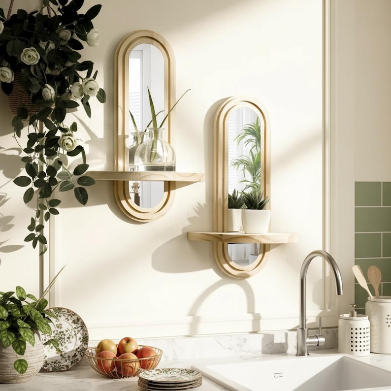 May include: Two wooden wall mirrors with shelves, each featuring an arched top and a half-circle mirror below. One holds a vase with greenery, the other small potted plants. The mirrors are mounted on a light-colored wall.