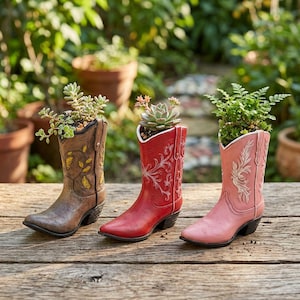 Jarrón con forma de bota de vaquera, maceta de resina estilo western, maceta con forma de bota de vaquero, decoración rústica de granja, jarrón de escritorio, regalo para el hogar campestre.