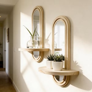May include: Two wooden wall mirrors with shelves. Each mirror has an arched top and a shelf below. One shelf holds a clear glass vase with a green plant, and the other holds two small potted succulents. The mirrors are mounted on a light-colored wall.