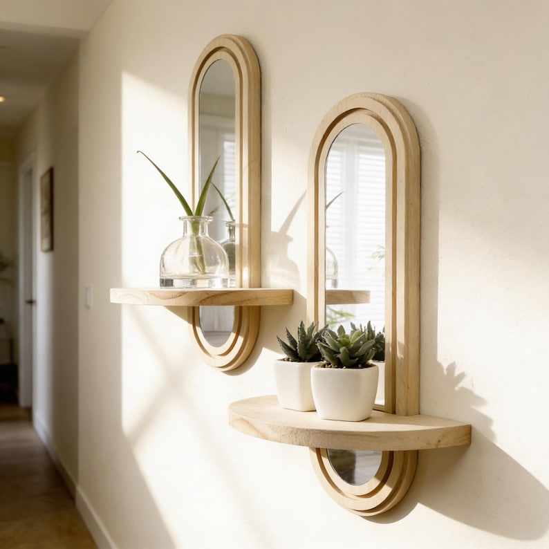 May include: Two wooden wall mirrors with shelves. Each mirror has an arched top and a shelf below. One shelf holds a clear glass vase with a green plant, and the other holds two small potted succulents. The mirrors are mounted on a light-colored wall.