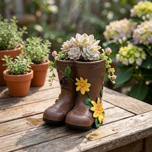 May include: A brown boot-shaped planter featuring molded yellow flowers and green leaves on the exterior. The planter holds a cluster of light green succulents. The surface of the boots has a textured finish with small water droplets.